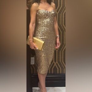 NADINE MERABI Gold Sequin Midi Dress